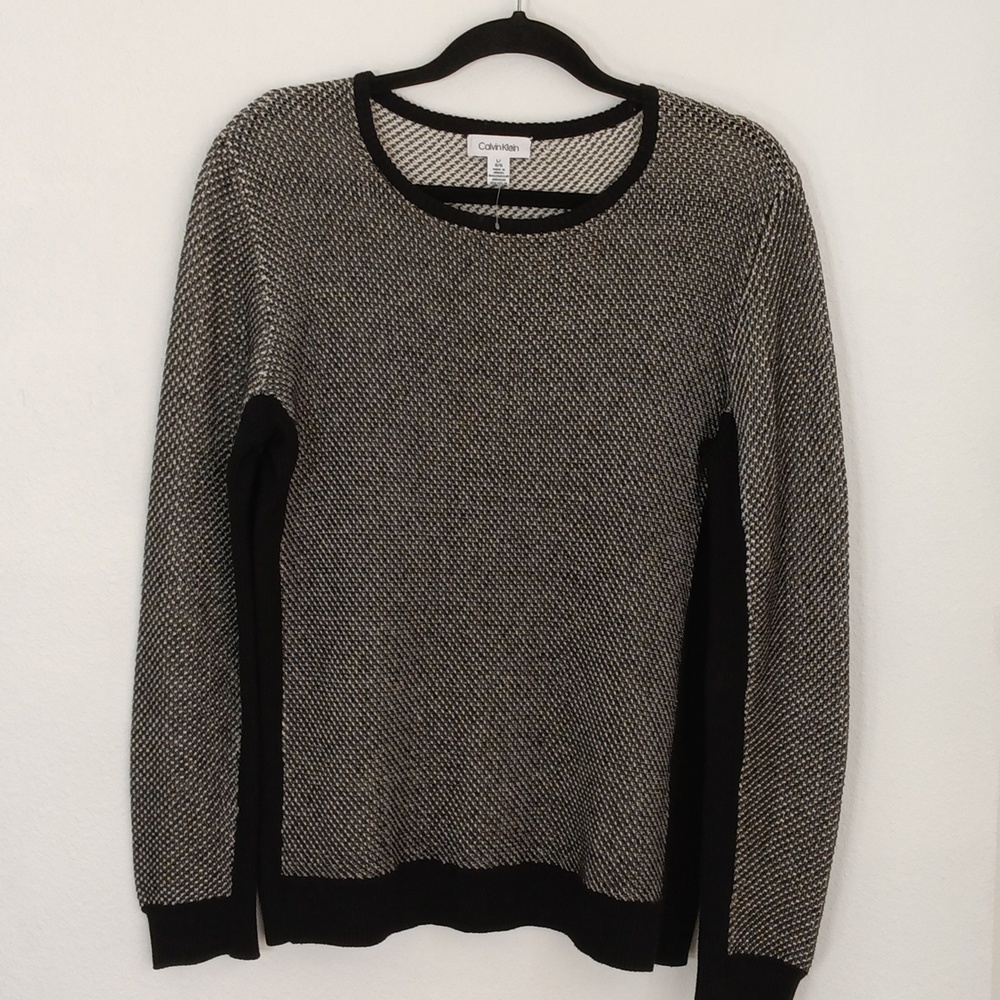 Calvin Klein Women's Black/White Textured Crewneck Sweatshirt Ribbed Sides Large